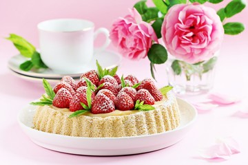 Strawberry tart with lemon cream and mint .Selective focus 