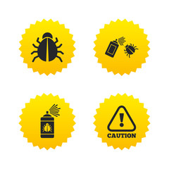 Bug disinfection signs. Caution attention icon.