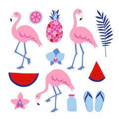 Summer tropical graphic elements. Flamingo birds. Jungle floral illustrations, palm leaves, orchid flowers, pineapple,watermelon