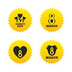 8 March Women's Day icons. Flower, heart symbols