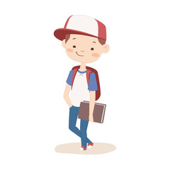 A boy with a book and a backpack.