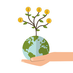 flat design shelter hand with earth globe money tree icon vector illustration