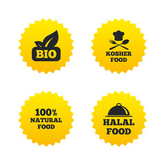 Natural Bio food icons. Halal and Kosher signs.