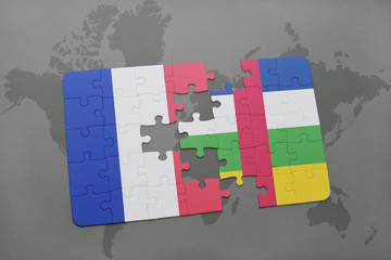 puzzle with the national flag of france and central african republic on a world map background.