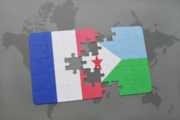 puzzle with the national flag of france and djibouti on a world map background.