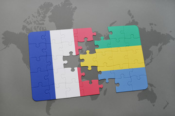 puzzle with the national flag of france and gabon on a world map background.