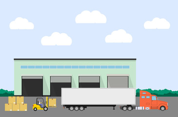 Truck and forklift loader near factory. Cargo loading. Industry product loading into truck. Logistics concept. Vector illustration.