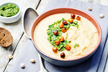 cauliflower chickpea soup with cilantro pesto and roasted chickp