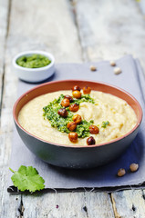 cauliflower chickpea soup with cilantro pesto and roasted chickp