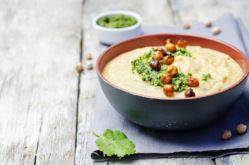 cauliflower chickpea soup with cilantro pesto and roasted chickp
