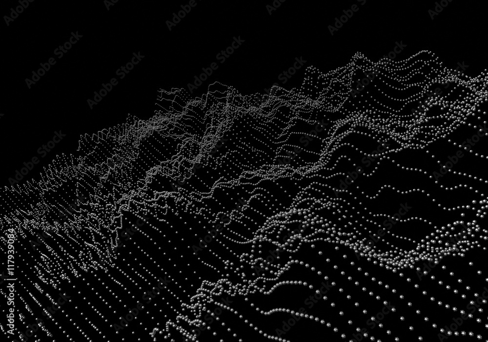 Poster abstract 3d rendering of waves with particles on black background. futuristic background with lines 