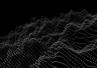 Abstract 3d rendering of waves with particles on black background. Futuristic background with lines of many low poly spheres. Design for poster, cover, banner, placard