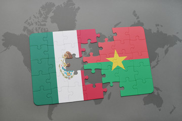 puzzle with the national flag of mexico and burkina faso on a world map background.