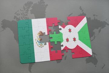 puzzle with the national flag of mexico and burundi on a world map background.