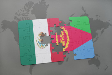 puzzle with the national flag of mexico and eritrea on a world map background.