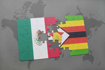 puzzle with the national flag of mexico and zimbabwe on a world map background.