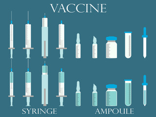 Obraz premium Syringe and vials. Syringe and ampules. Vaccine. Set icons in line style. Vector.
