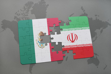 puzzle with the national flag of mexico and iran on a world map background.