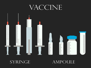 Syringe and vials. Syringe and ampules. Vaccine. Set icons in line style. Vector.