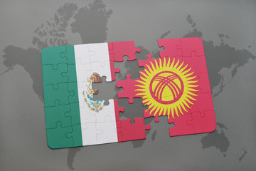 puzzle with the national flag of mexico and kyrgyzstan on a world map background.