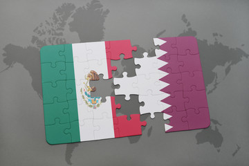 puzzle with the national flag of mexico and qatar on a world map background.