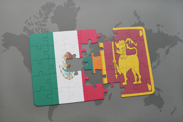 puzzle with the national flag of mexico and sri lanka on a world map background.