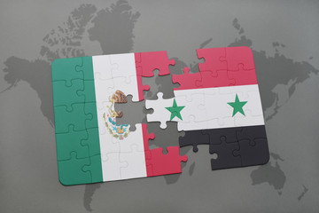 puzzle with the national flag of mexico and syria on a world map background.