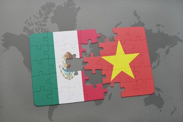 puzzle with the national flag of mexico and vietnam on a world map background.