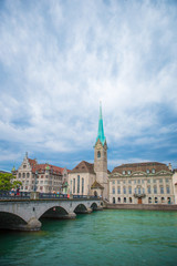 Fototapeta na wymiar View of the historic city center of Zurich with famous Fraumunster Church and river Limmat, Switzerland