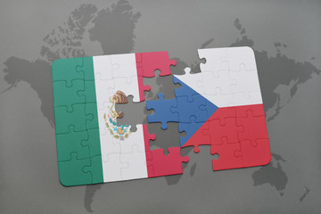 puzzle with the national flag of mexico and czech republic on a world map background.