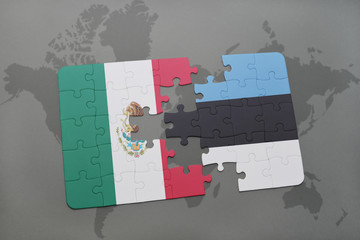 puzzle with the national flag of mexico and estonia on a world map background.