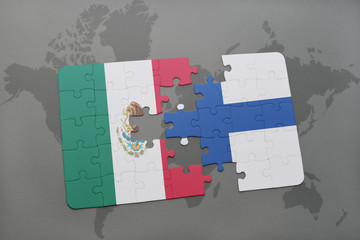 puzzle with the national flag of mexico and finland on a world map background.