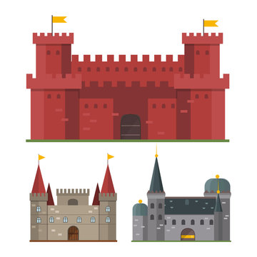 Cartoon fairy tale castle tower icon. Cute cartoon castle architecture. Vector illustration fantasy house fairytale medieval castle. Kingstone cartoon castle cartoon stronghold design fable isolated.