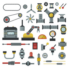 Parts of machinery flat icons set manufacturing work detail design. Gear mechanical equipment part industry technical engine. Vector technology icon set industry engineering technical factory tool.