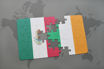 puzzle with the national flag of mexico and ireland on a world map background.