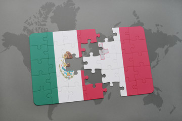 puzzle with the national flag of mexico and malta on a world map background.