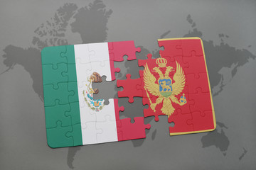 puzzle with the national flag of mexico and montenegro on a world map background.