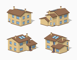 Suburban house. 3D lowpoly isometric vector illustration. The set of objects isolated against the white background and shown from different sides