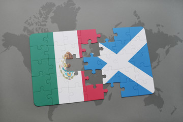 puzzle with the national flag of mexico and scotland on a world map background.