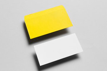 Branding / Stationery Mock-Up - Yellow & White. Floating - DL Envelope, Compliments Slip (99x210mm)