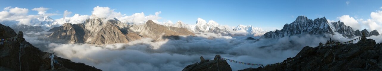 panorama of Mount Everest, Lhotse, Makalu and Cho Oyu