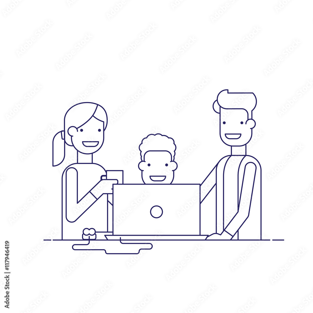 Poster business team in a work process or parent watch the child. man sitting at a computer surrounded by e