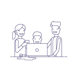 Business team in a work process or parent watch the child. Man sitting at a computer surrounded by employees. Team problem solving. Man in a business suit and woman drinking coffee. Thin line vector