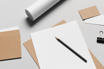Branding / Stationery Mock-Up - Kraft & White - Letterhead (A4), DL Envelope, Compliments Slip (99x210mm), Business Cards (85x55mm), Mailing Tube
