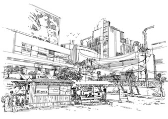 city street digital sketch.Illustration