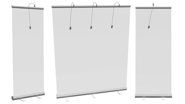 Blank Roll Up Banner Stands with different angle and width. Trade show booth white and blank. 3d motion graphic on white background. Available in 4K FullHD and HD video render footage.