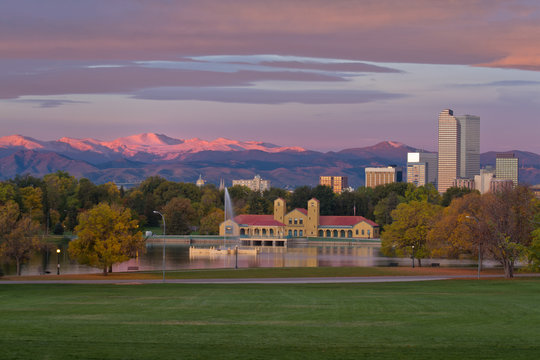 Denver's Downtown City Park with the Mountains and skyline at su