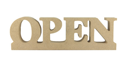 Characters carved from wood with a word open isolated white back