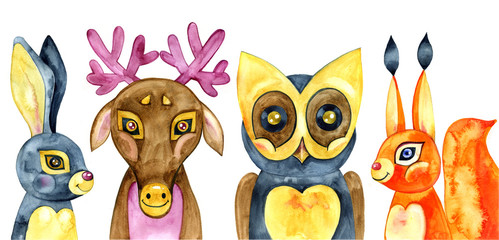 Set of cute forest animals. Watercolor illustration.