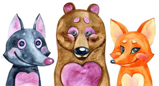 Set of cute forest animals. Watercolor illustration.